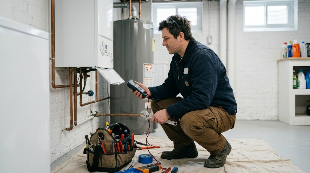 Technician inspecting commercial steam boiler and pressure gauges in Bay Terrace Queens