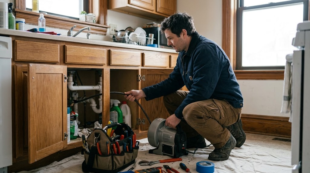 Plumber feeding motorized drain snake cable through residential pipe cleanout to clear blockage in Queens