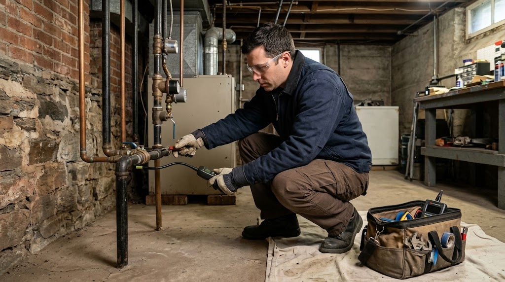 Licensed technician using electronic combustible gas detector along black steel gas distribution line in residential basement