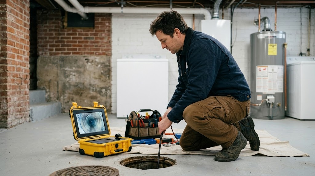 Plumber operating high-definition sewer inspection camera monitor to locate underground pipe obstruction
