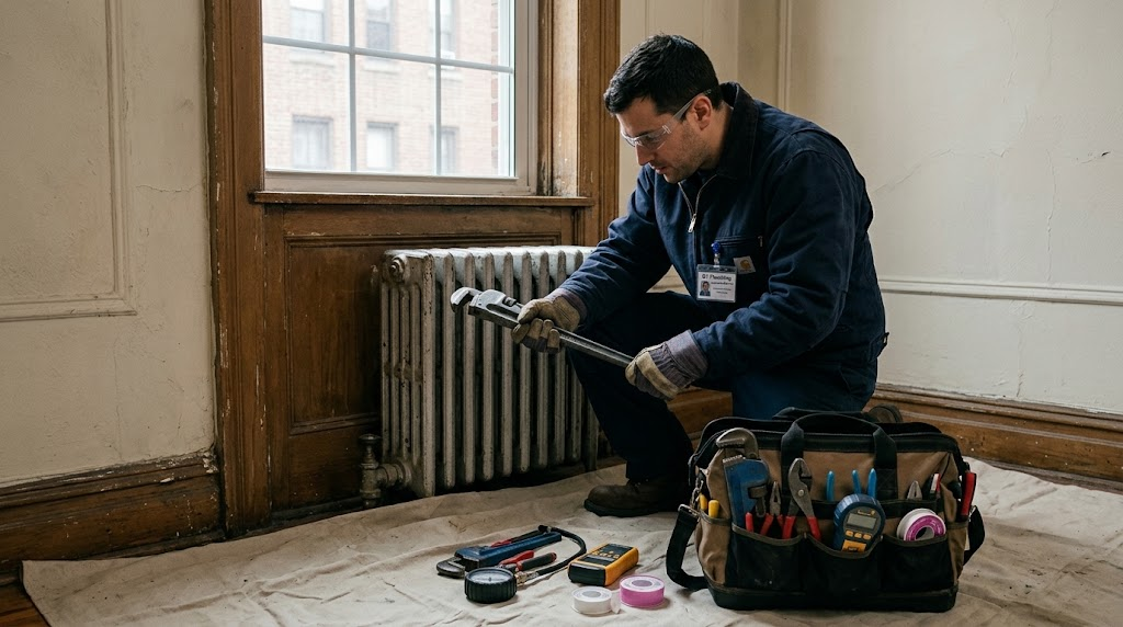 Cast iron steam radiator undergoing professional valve inspection and vent replacement in a Queens residence
