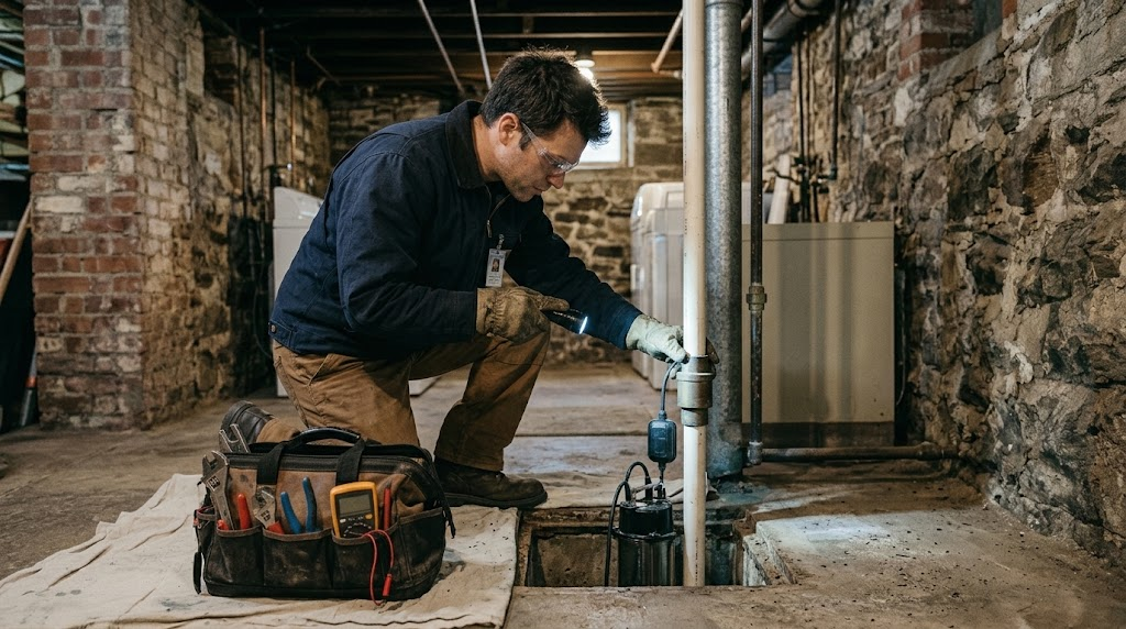 Plumber installing submersible cast-iron sump pump and dual check valve discharge line in basement basin