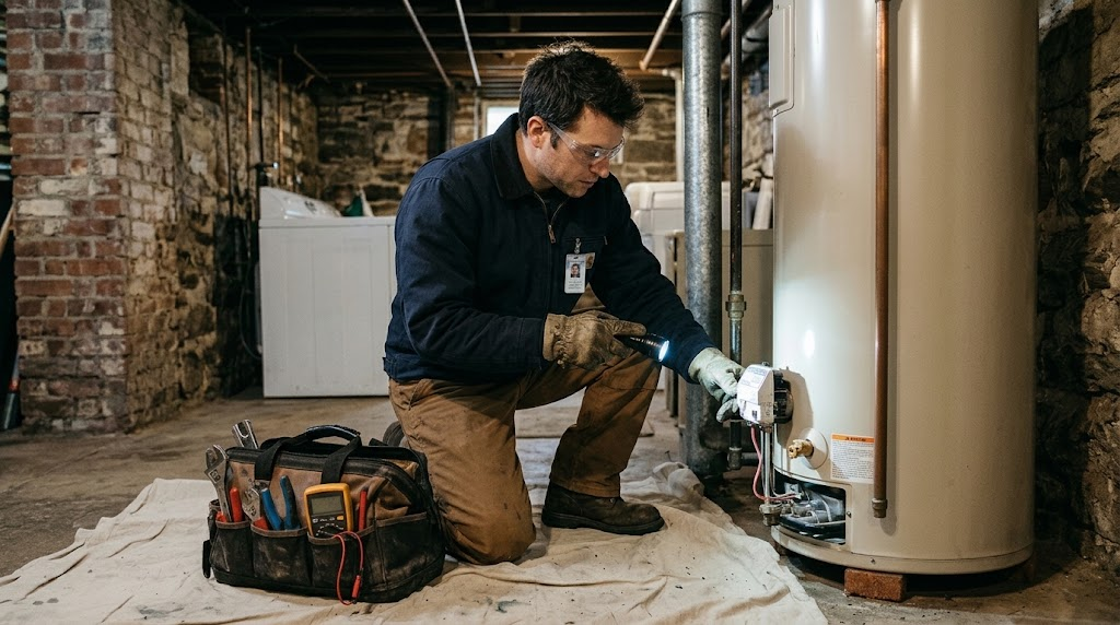 Plumber testing gas control valve and temperature relief settings on residential water heater tank in Queens